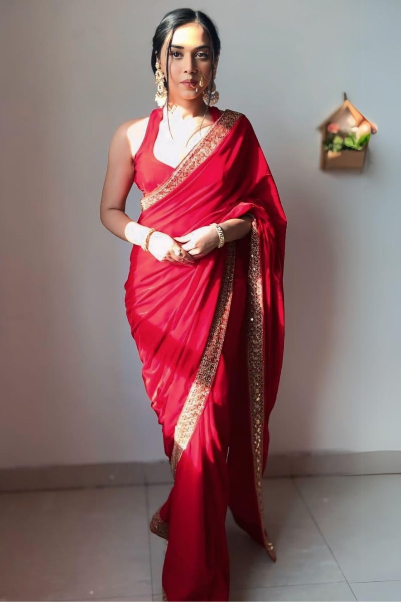 Glistening One Minute Ready To Wear Red Velvet Saree