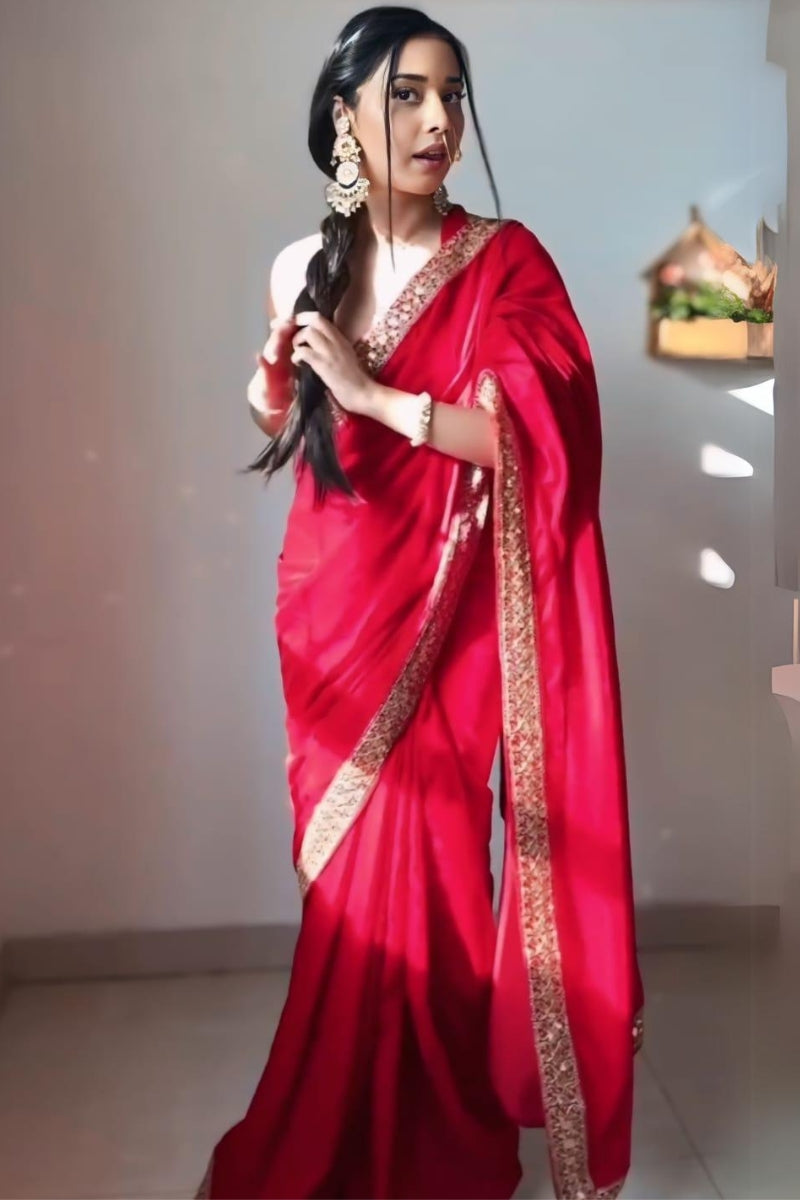 Glistening One Minute Ready To Wear Red Velvet Saree