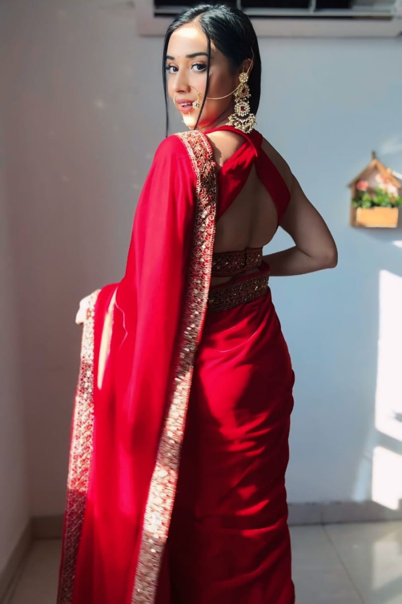 Glistening One Minute Ready To Wear Red Velvet Saree