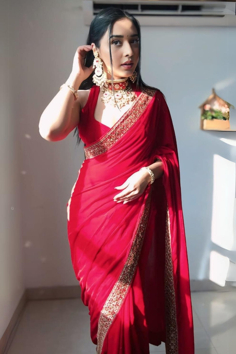 Glistening One Minute Ready To Wear Red Velvet Saree