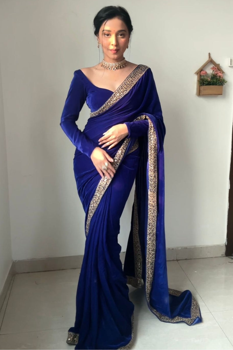 Adoration One Minute Ready To Wear Royal Blue Velvet Saree