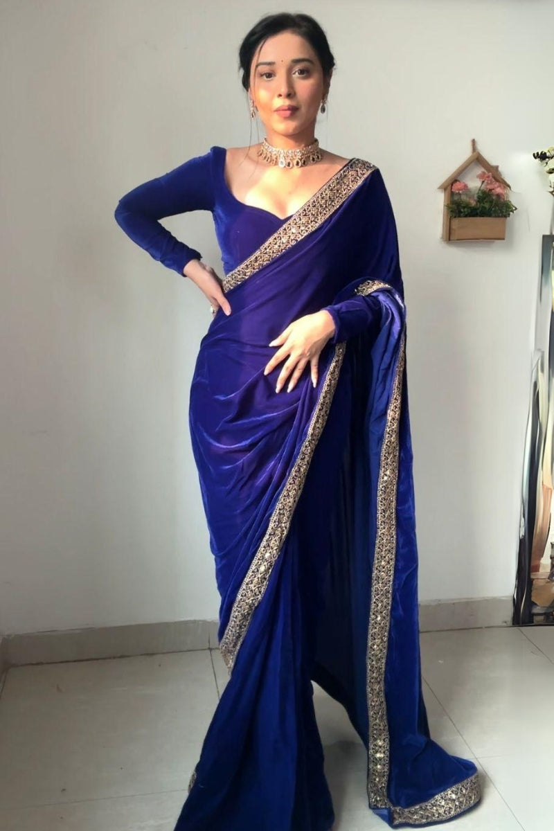 Adoration One Minute Ready To Wear Royal Blue Velvet Saree