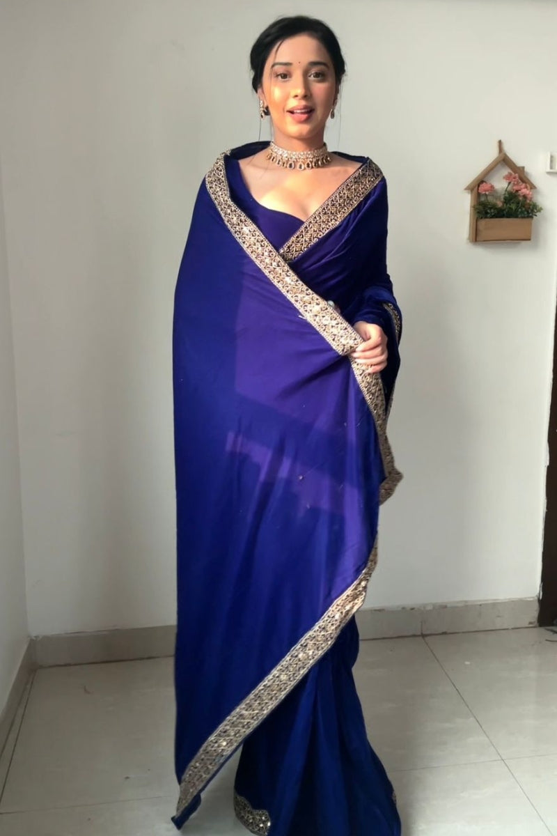 Adoration One Minute Ready To Wear Royal Blue Velvet Saree