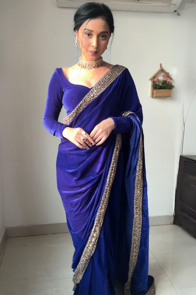 Adoration One Minute Ready To Wear Royal Blue Velvet Saree