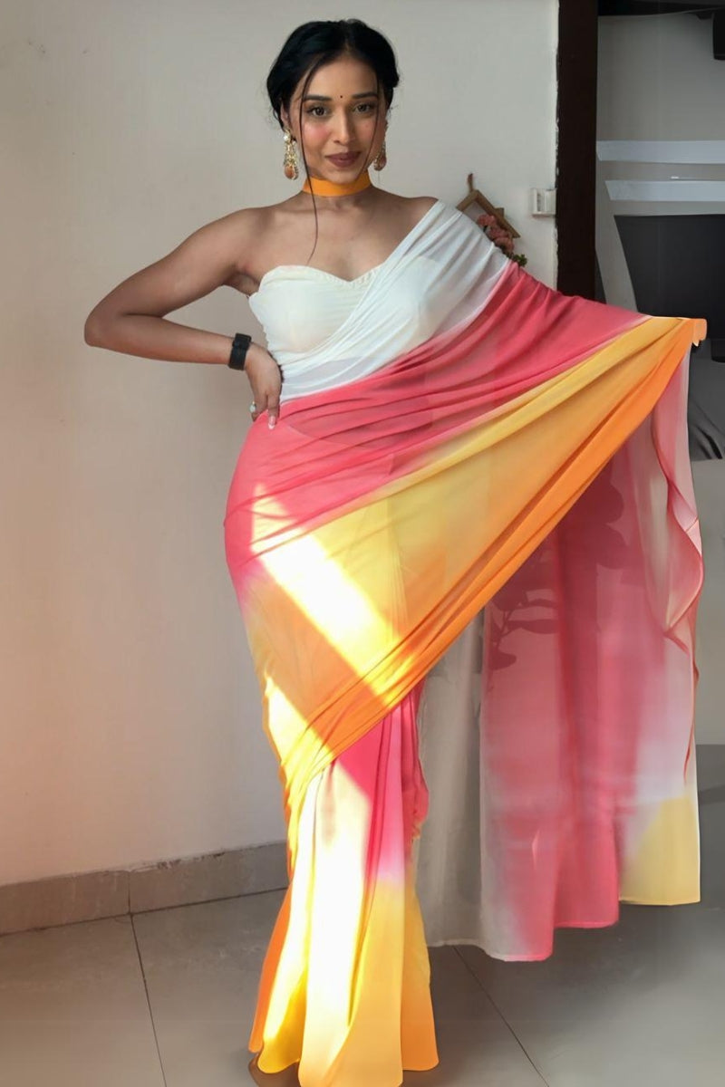 Glisten One Minute Ready To Wear Yellow And Pink Georgette Saree