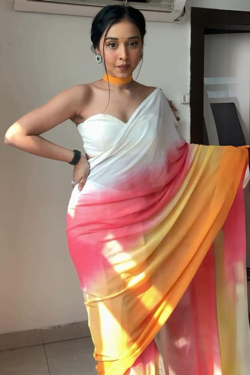 Glisten One Minute Ready To Wear Yellow And Pink Georgette Saree