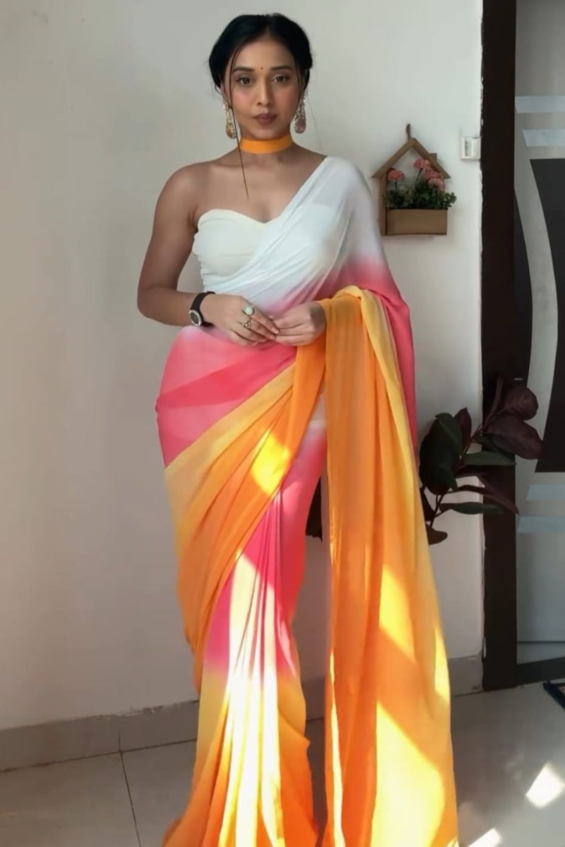 Glisten One Minute Ready To Wear Yellow And Pink Georgette Saree