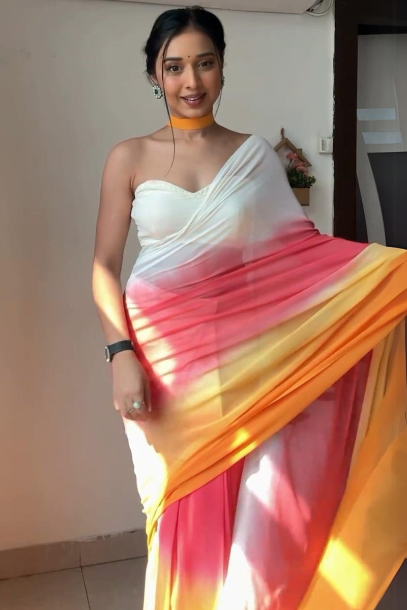 Glisten One Minute Ready To Wear Yellow And Pink Georgette Saree