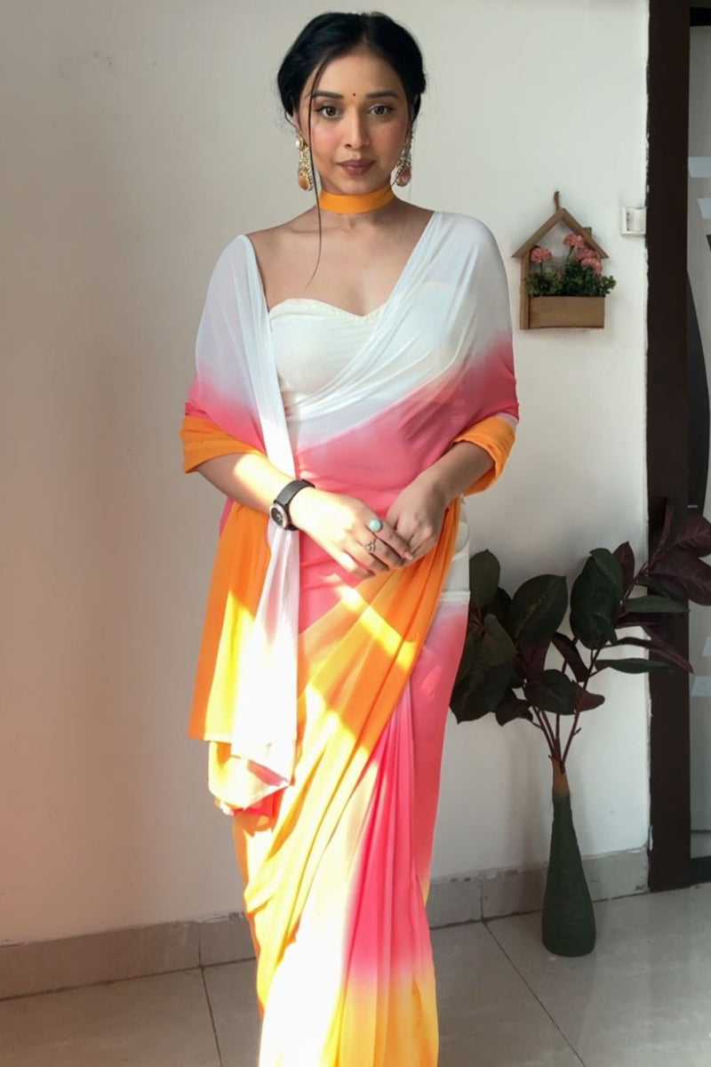 Glisten One Minute Ready To Wear Yellow And Pink Georgette Saree