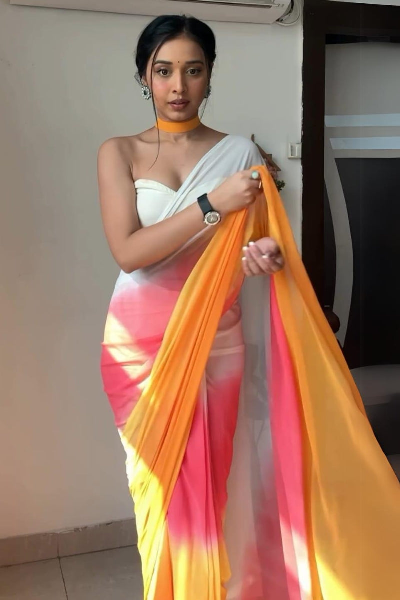 Glisten One Minute Ready To Wear Yellow And Pink Georgette Saree