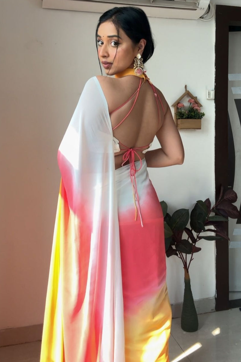 Glisten One Minute Ready To Wear Yellow And Pink Georgette Saree