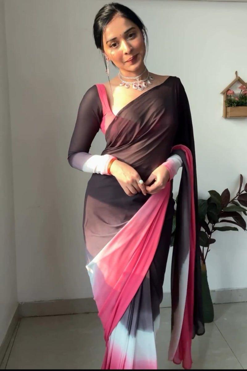 Brighten One Minute Ready To Wear Black And Pink Georgette Saree