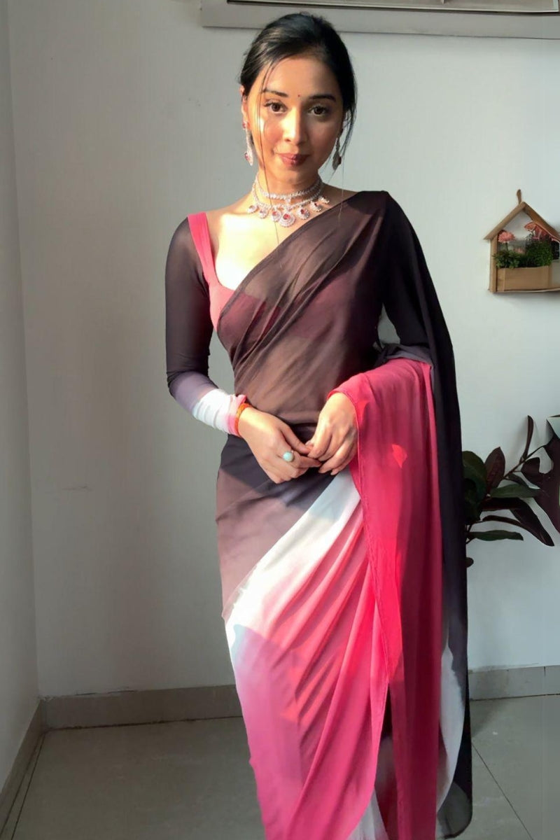 Brighten One Minute Ready To Wear Black And Pink Georgette Saree