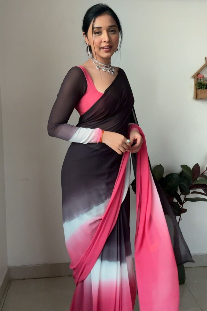 Brighten One Minute Ready To Wear Black And Pink Georgette Saree