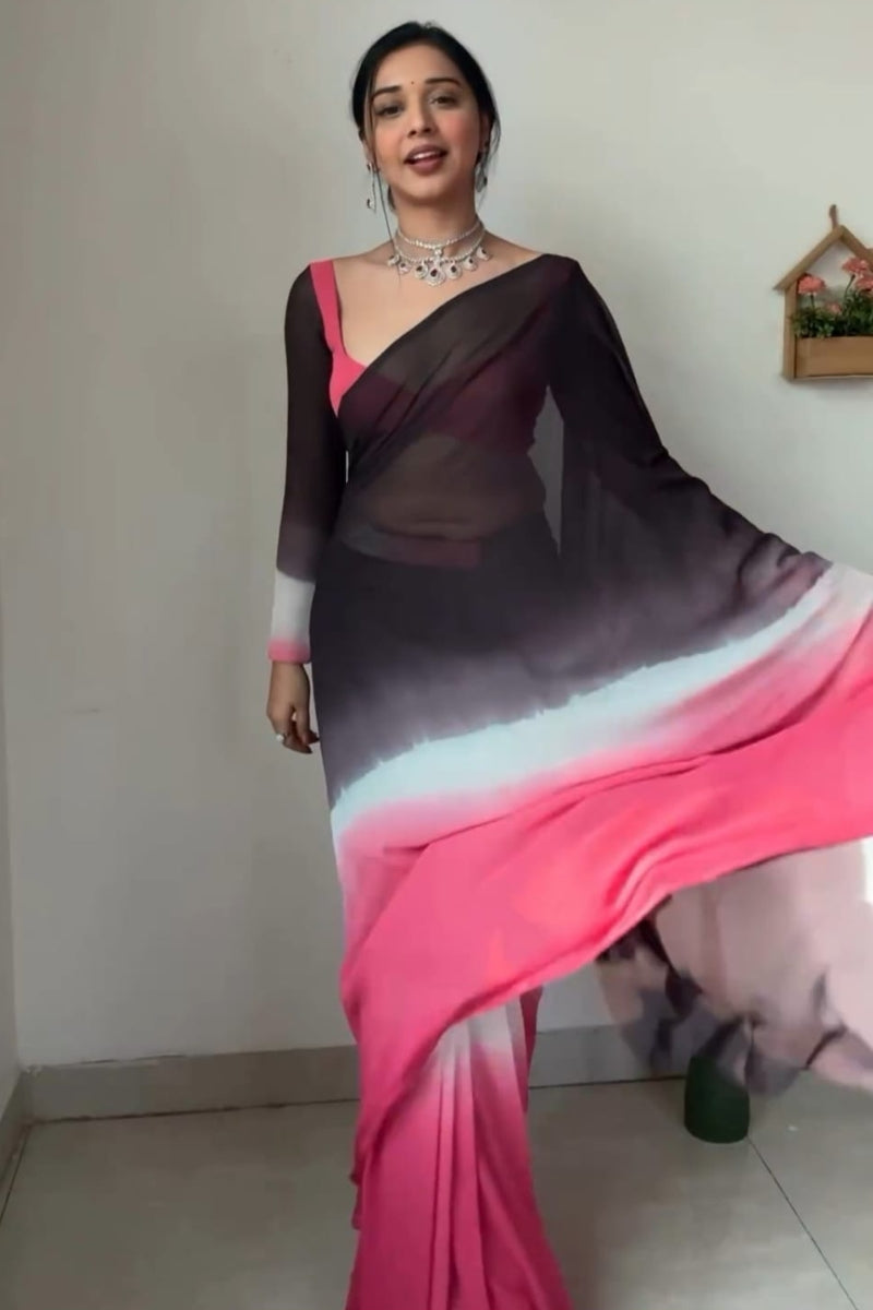 Brighten One Minute Ready To Wear Black And Pink Georgette Saree