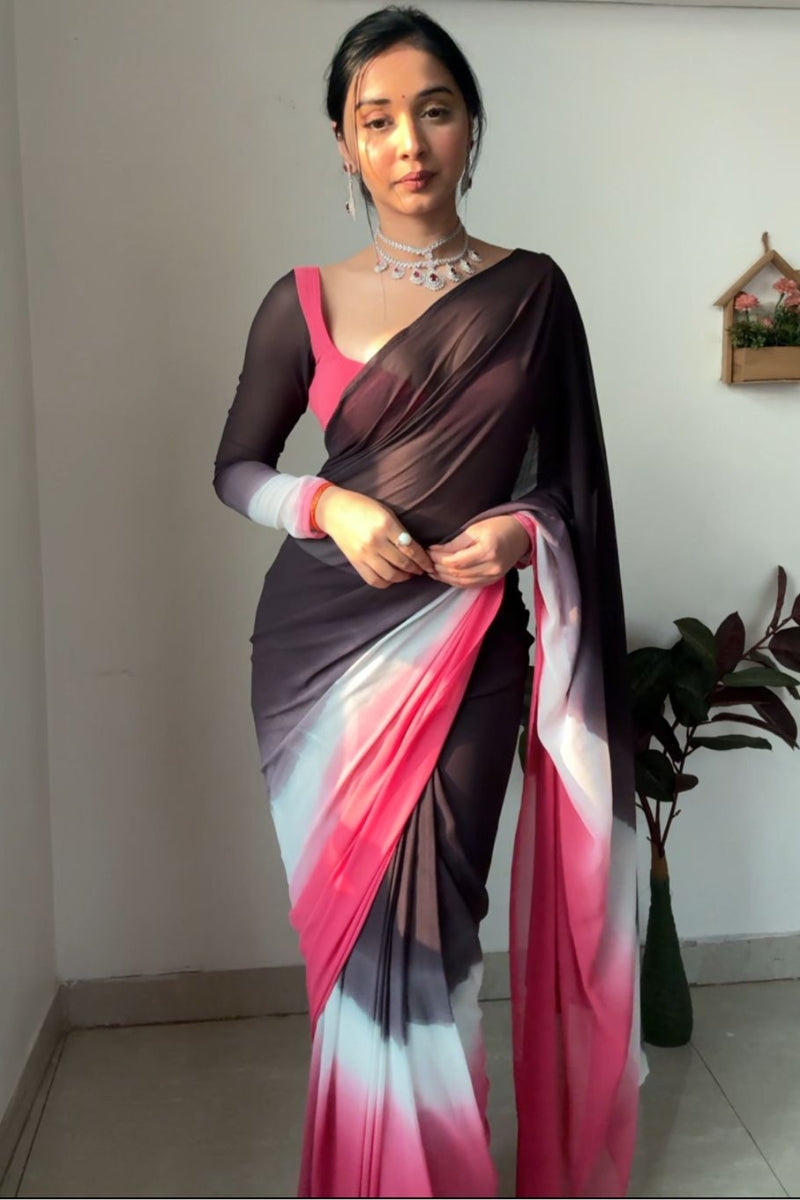 Brighten One Minute Ready To Wear Black And Pink Georgette Saree