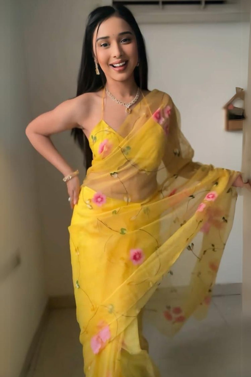 Lovable One Minute Ready To Wear Yellow Organza Saree