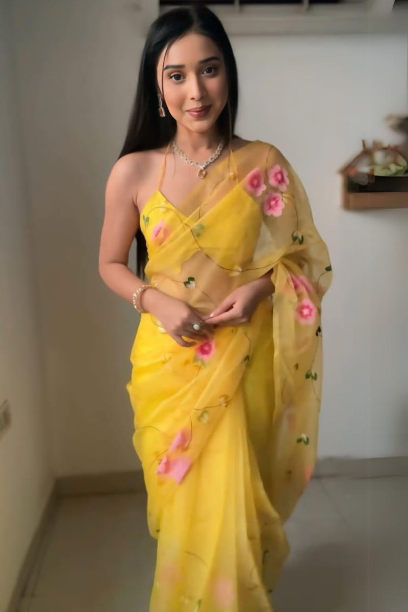 Lovable One Minute Ready To Wear Yellow Organza Saree