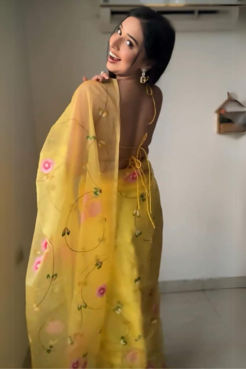 Lovable One Minute Ready To Wear Yellow Organza Saree