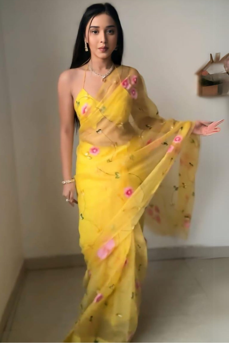 Lovable One Minute Ready To Wear Yellow Organza Saree