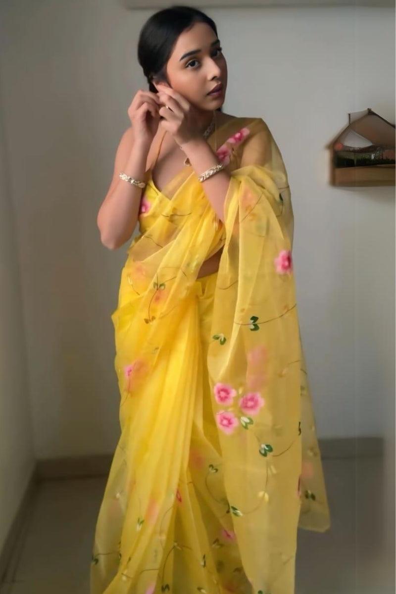 Lovable One Minute Ready To Wear Yellow Organza Saree