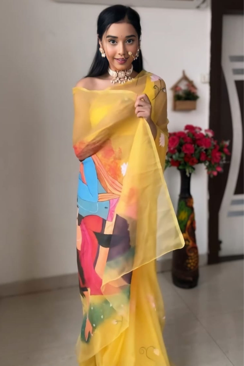 Daisy One Minute Ready To Wear Yellow Organza Saree