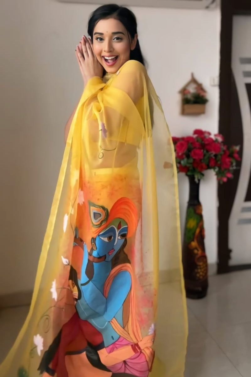 Daisy One Minute Ready To Wear Yellow Organza Saree