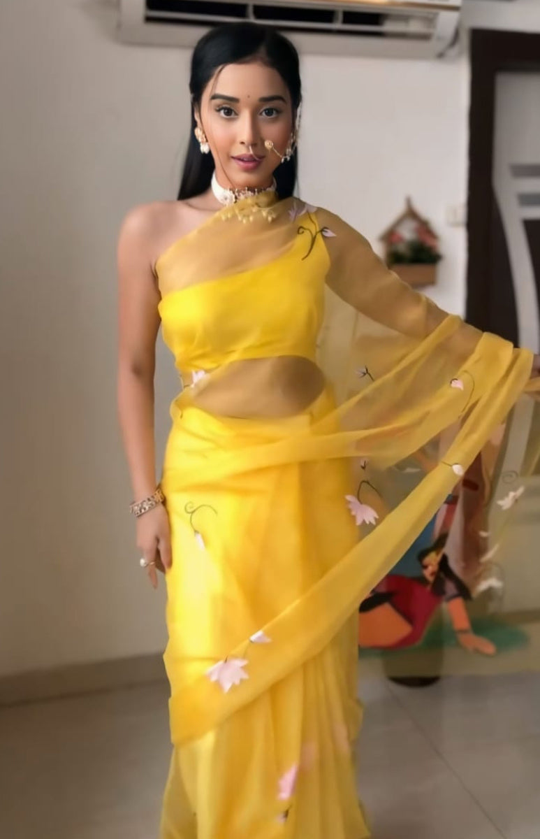 Daisy One Minute Ready To Wear Yellow Organza Saree