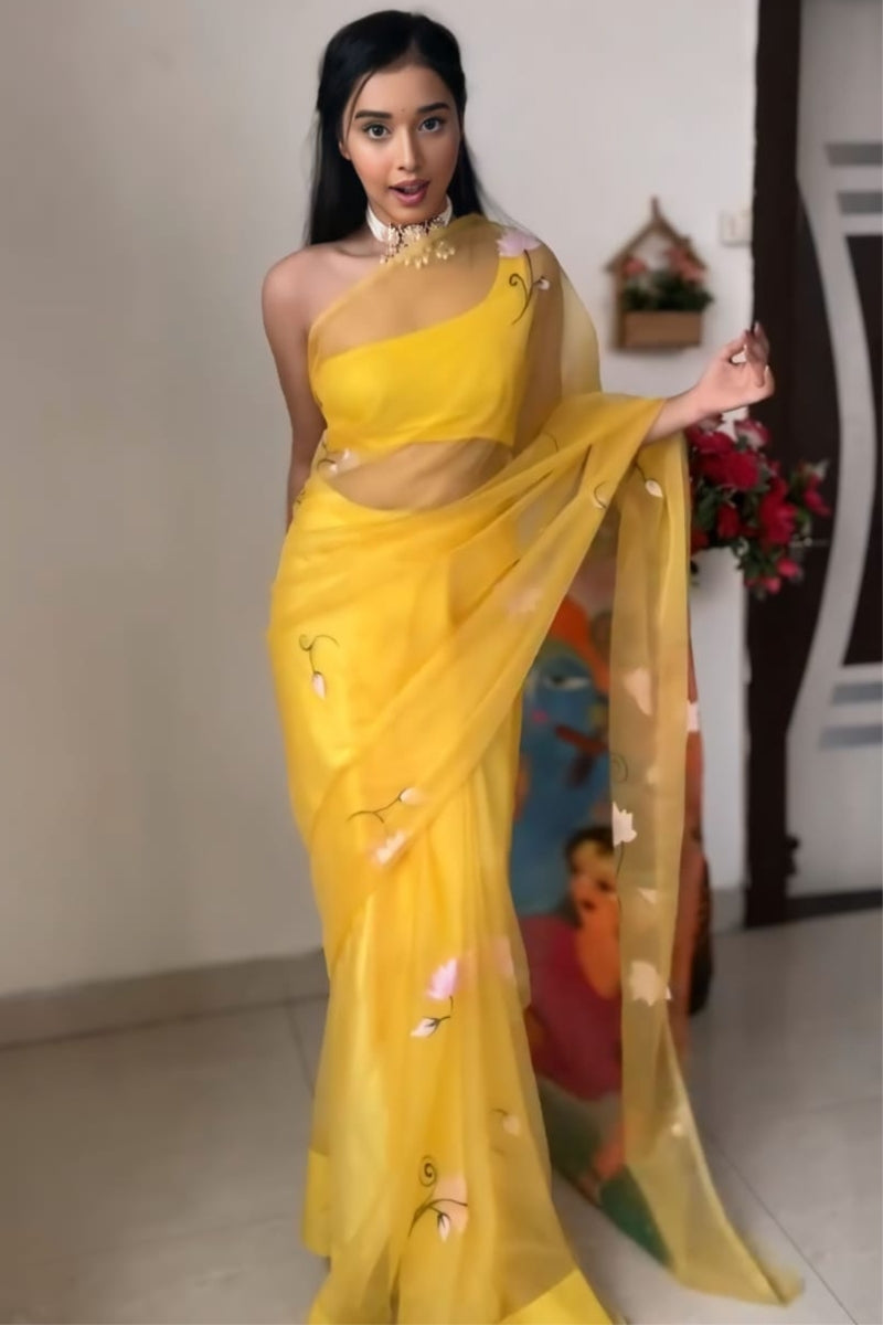 Daisy One Minute Ready To Wear Yellow Organza Saree