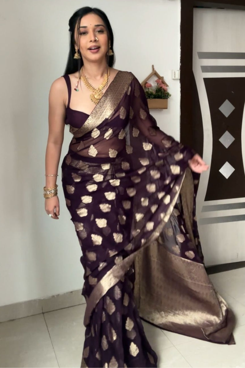 Freshly One Minute Ready To Wear Purple Cotton Silk Saree