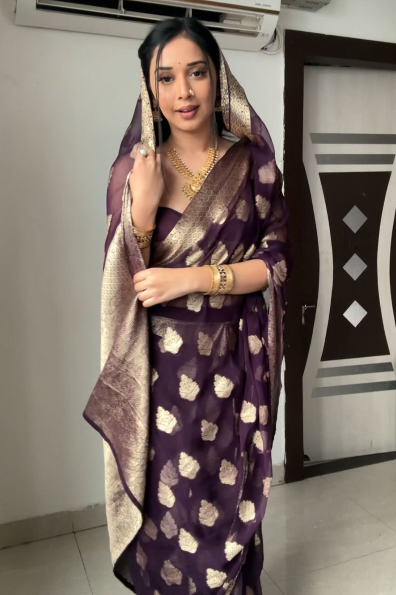 Freshly One Minute Ready To Wear Purple Cotton Silk Saree