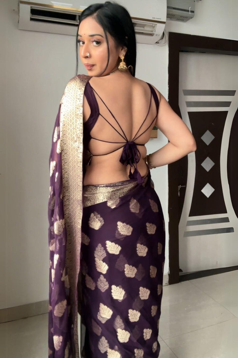 Freshly One Minute Ready To Wear Purple Cotton Silk Saree