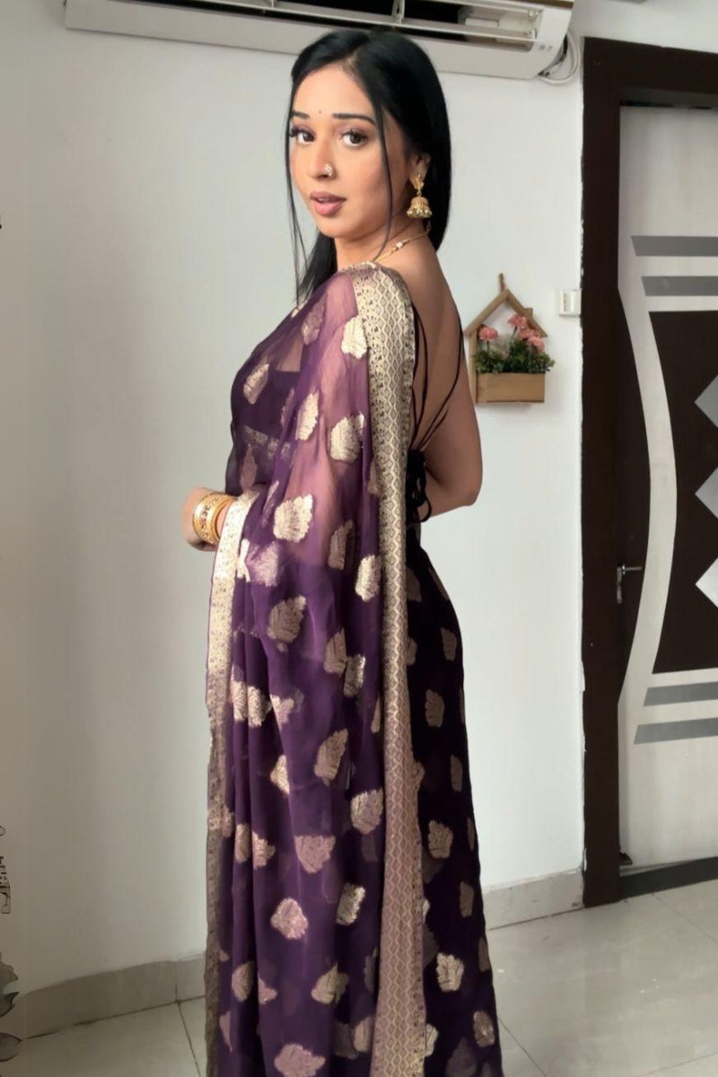 Freshly One Minute Ready To Wear Purple Cotton Silk Saree