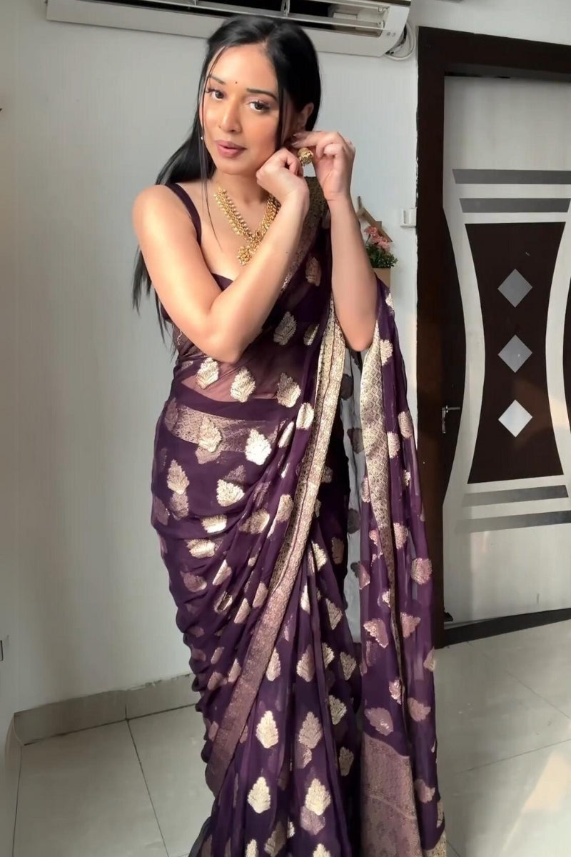 Freshly One Minute Ready To Wear Purple Cotton Silk Saree