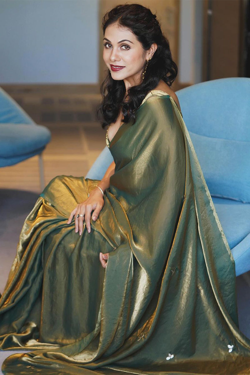 Glowful Green Partywear Fancy Silk Saree With Stitched Blouse Piece