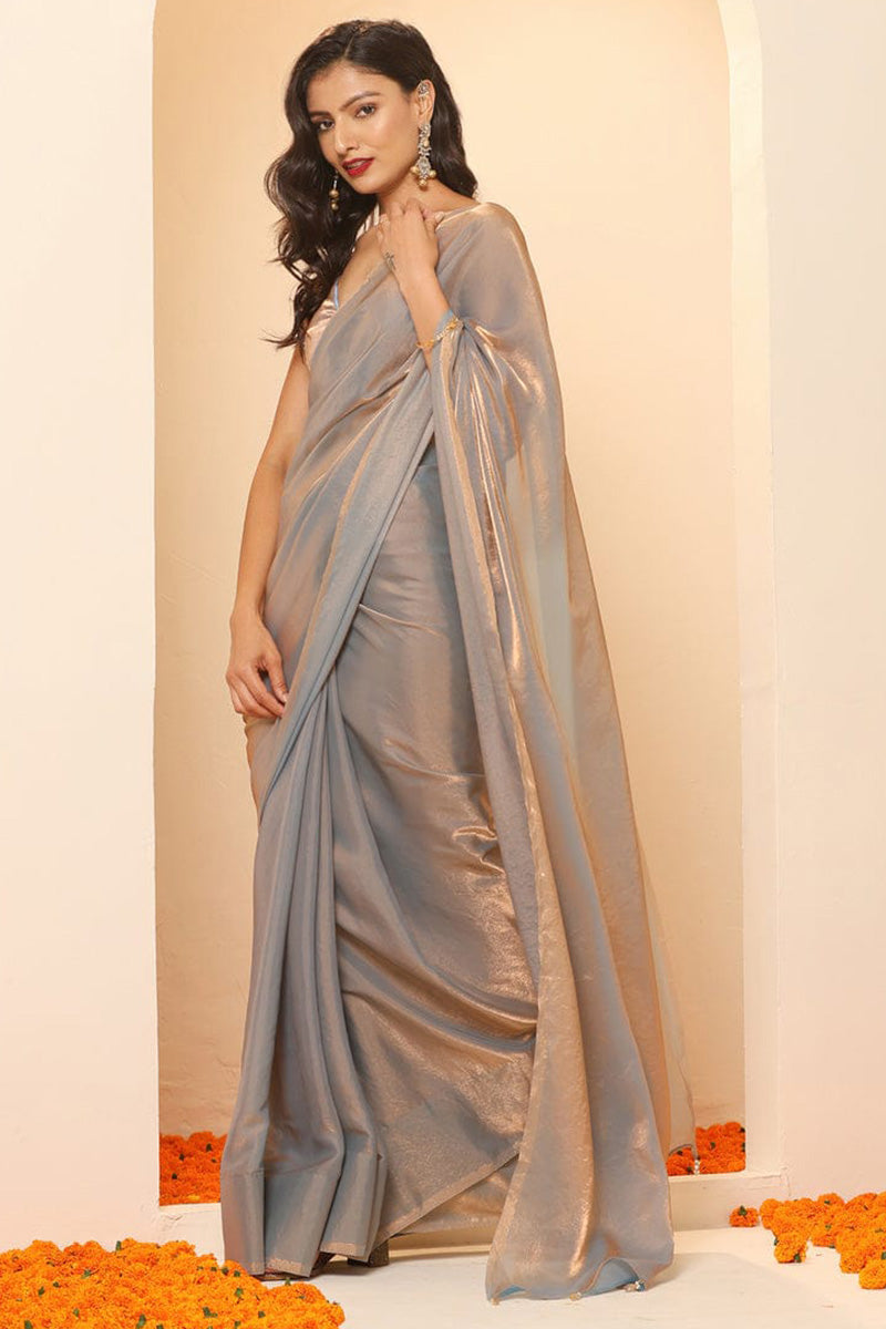 Captivating Grey Partywear Fancy Silk Saree With Stitched Blouse Piece