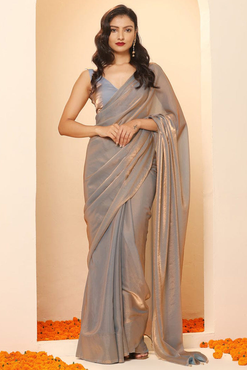 Captivating Grey Partywear Fancy Silk Saree With Stitched Blouse Piece