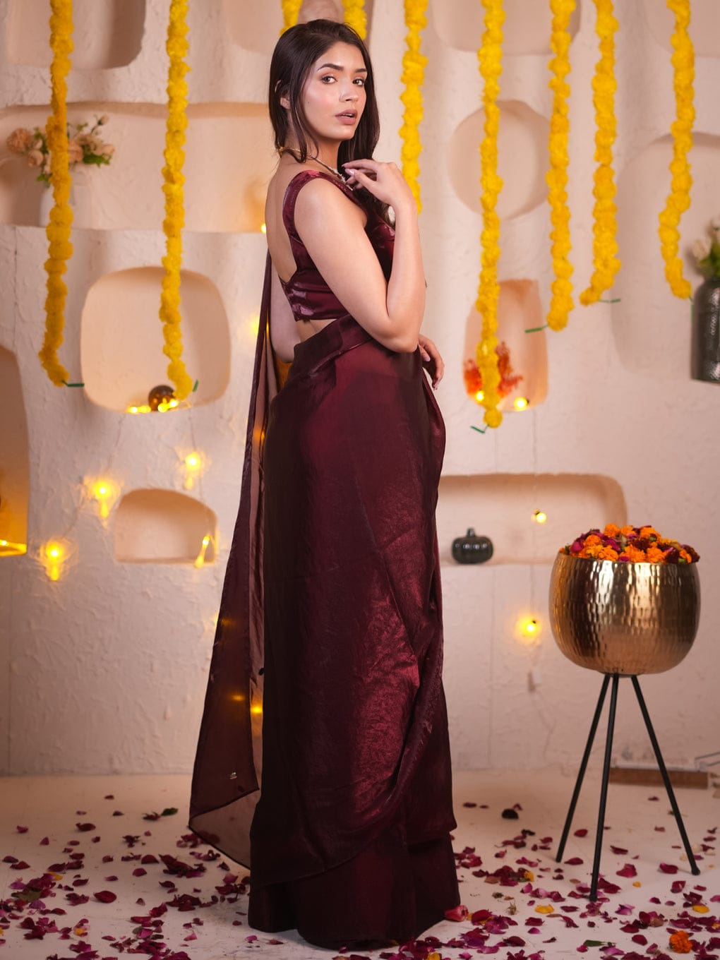 Comfort Maroon Partywear Fancy Silk Saree With Stitched Blouse Piece