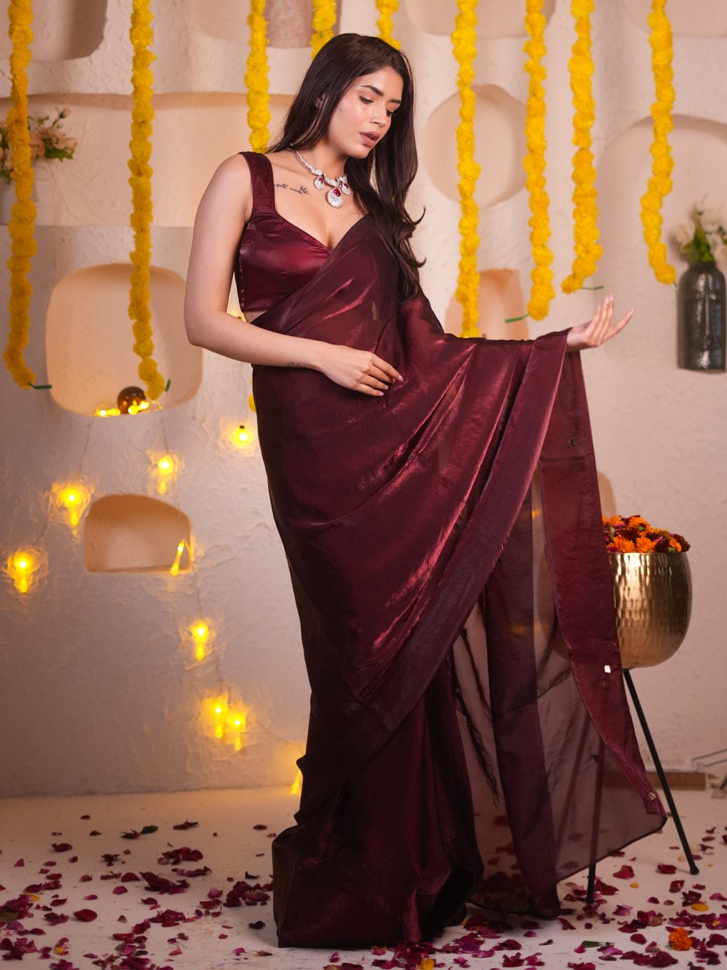 Comfort Maroon Partywear Fancy Silk Saree With Stitched Blouse Piece