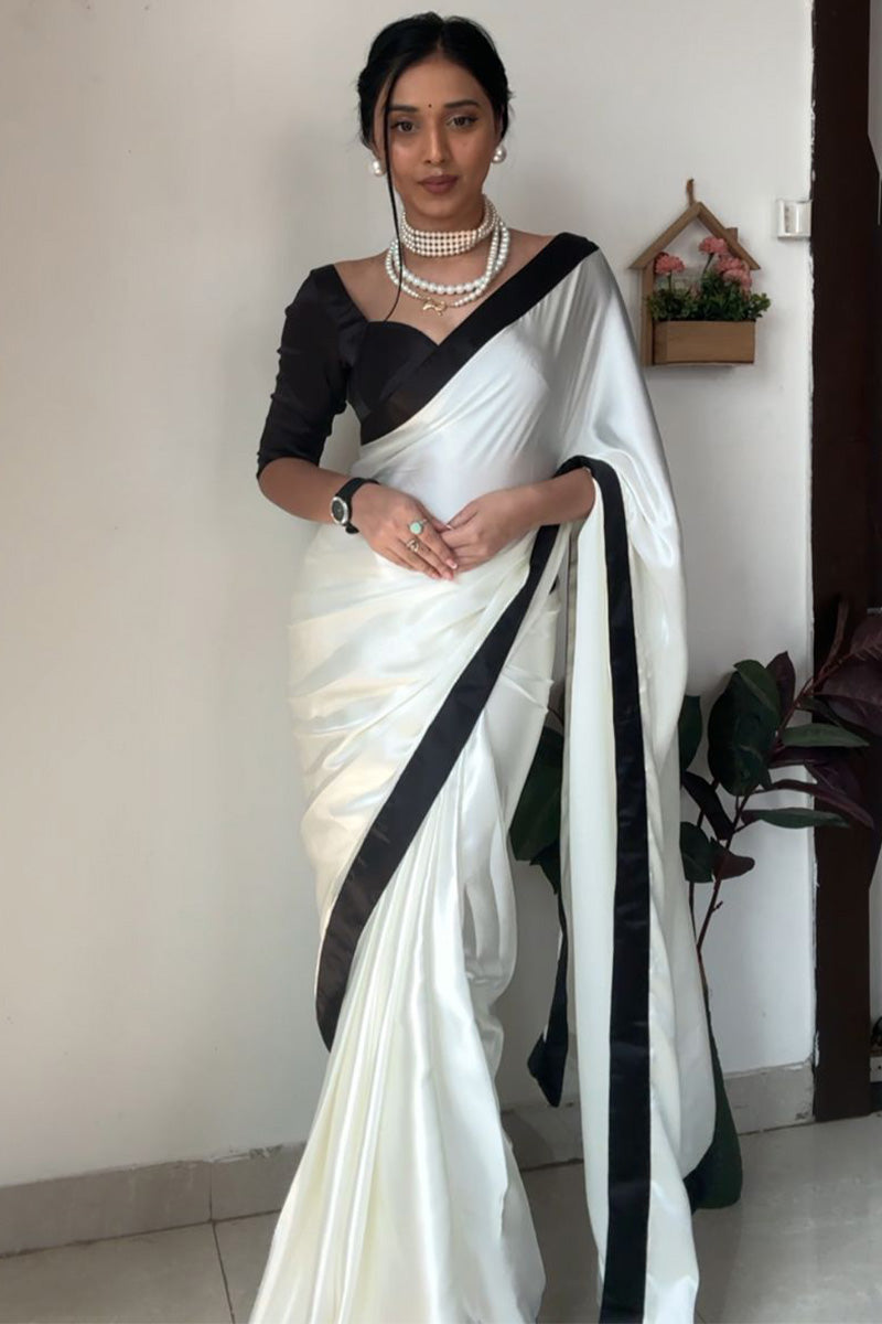 Softly One Minute Ready To Wear White Satin Silk Saree