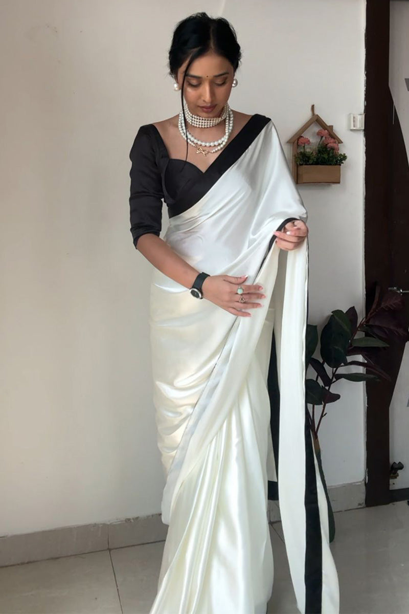 Softly One Minute Ready To Wear White Satin Silk Saree