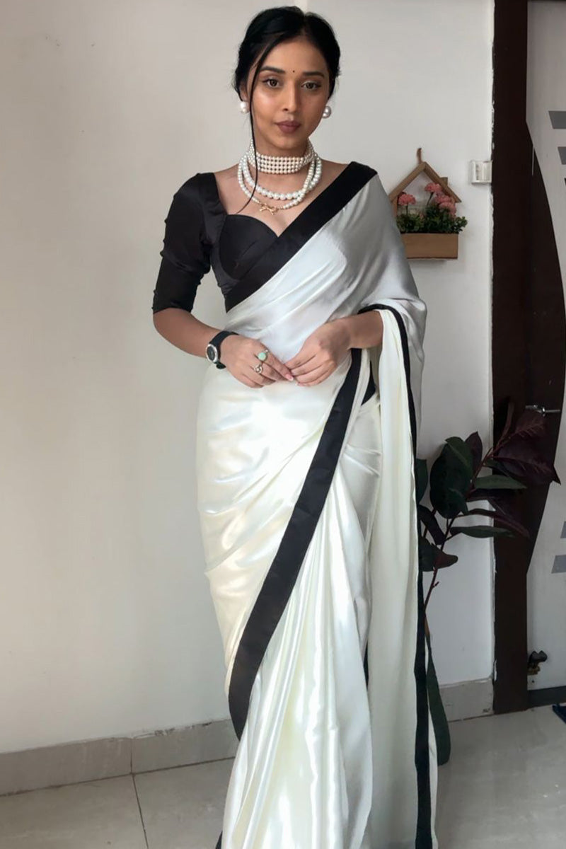 Softly One Minute Ready To Wear White Satin Silk Saree