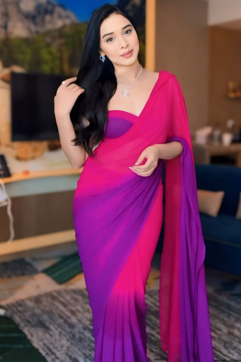 Glowly One Minute Ready To Wear Pink And Purple Georgette Saree