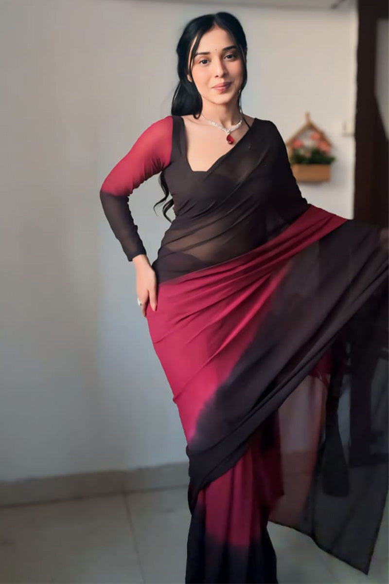 Dazzle One Minute Ready To Wear Black And Maroon Georgette Saree