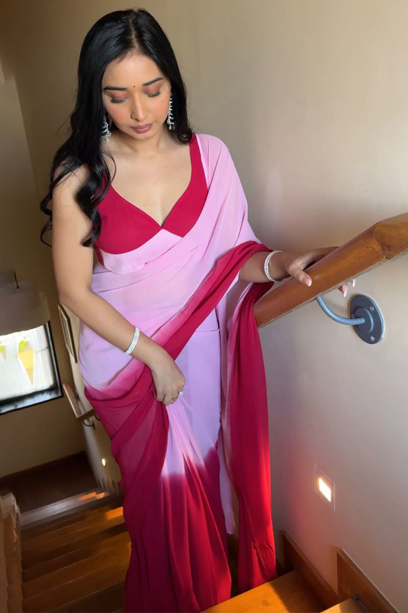 Lumirra One Minute Ready To Wear Pink And Red Georgette Saree