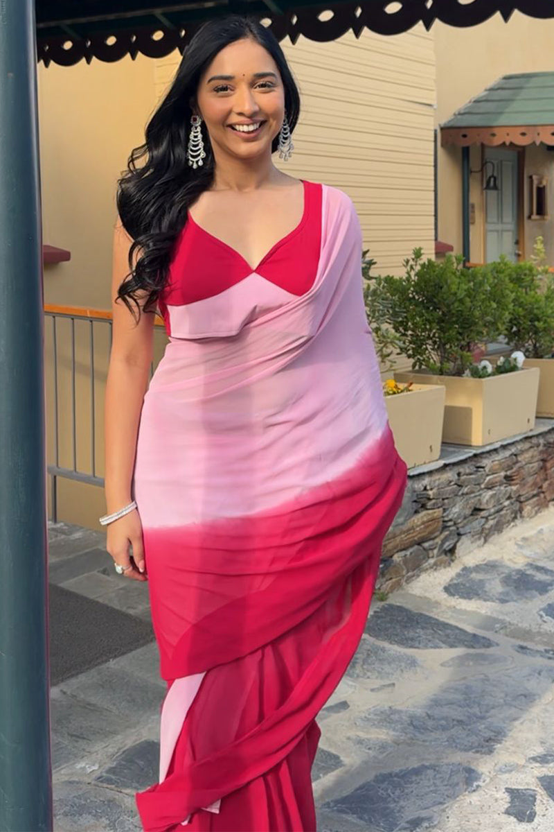 Lumirra One Minute Ready To Wear Pink And Red Georgette Saree