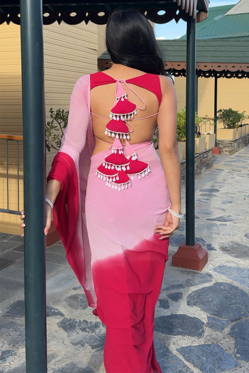 Lumirra One Minute Ready To Wear Pink And Red Georgette Saree