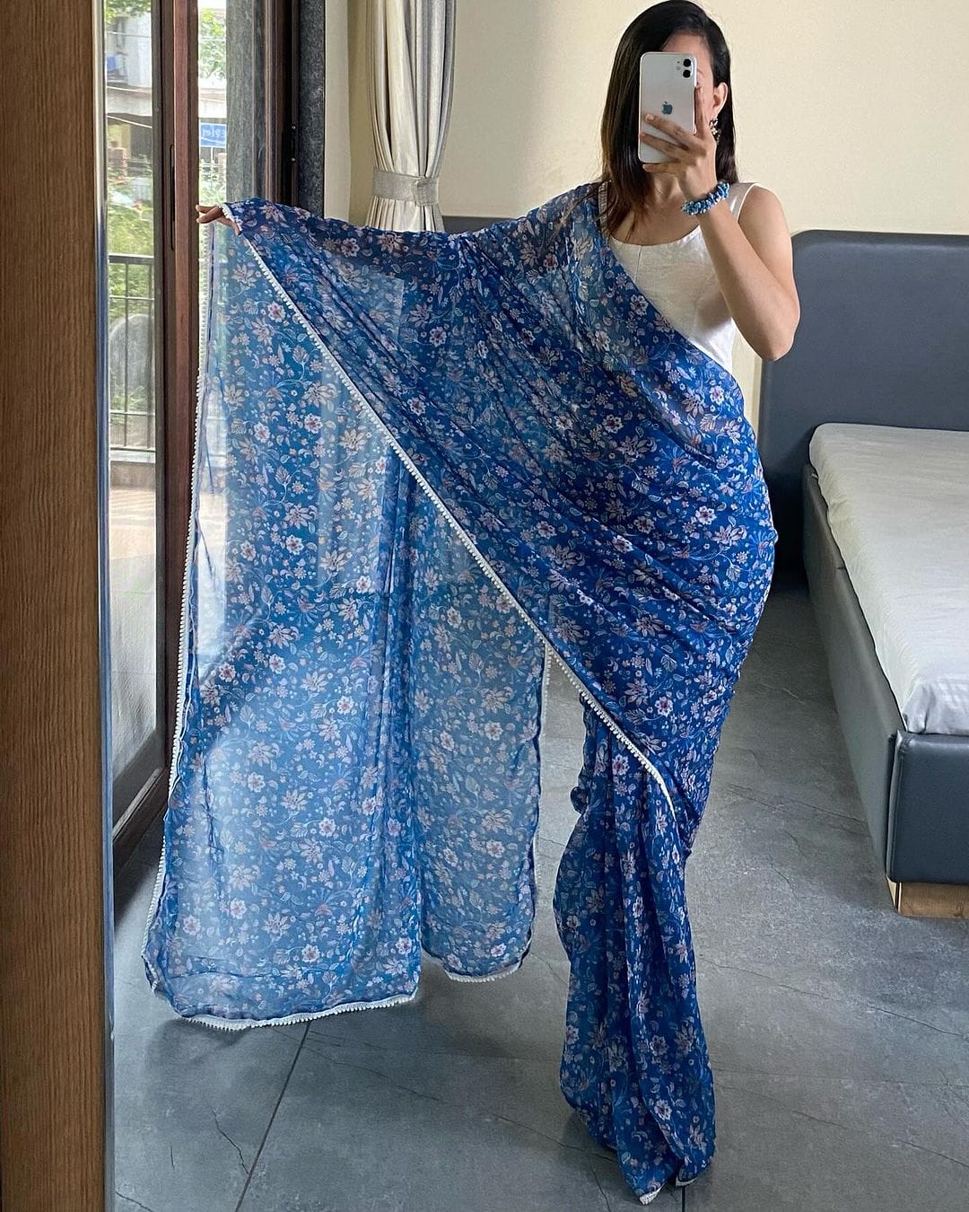 Celestia One Minute Ready To Wear Blue Georgette Saree