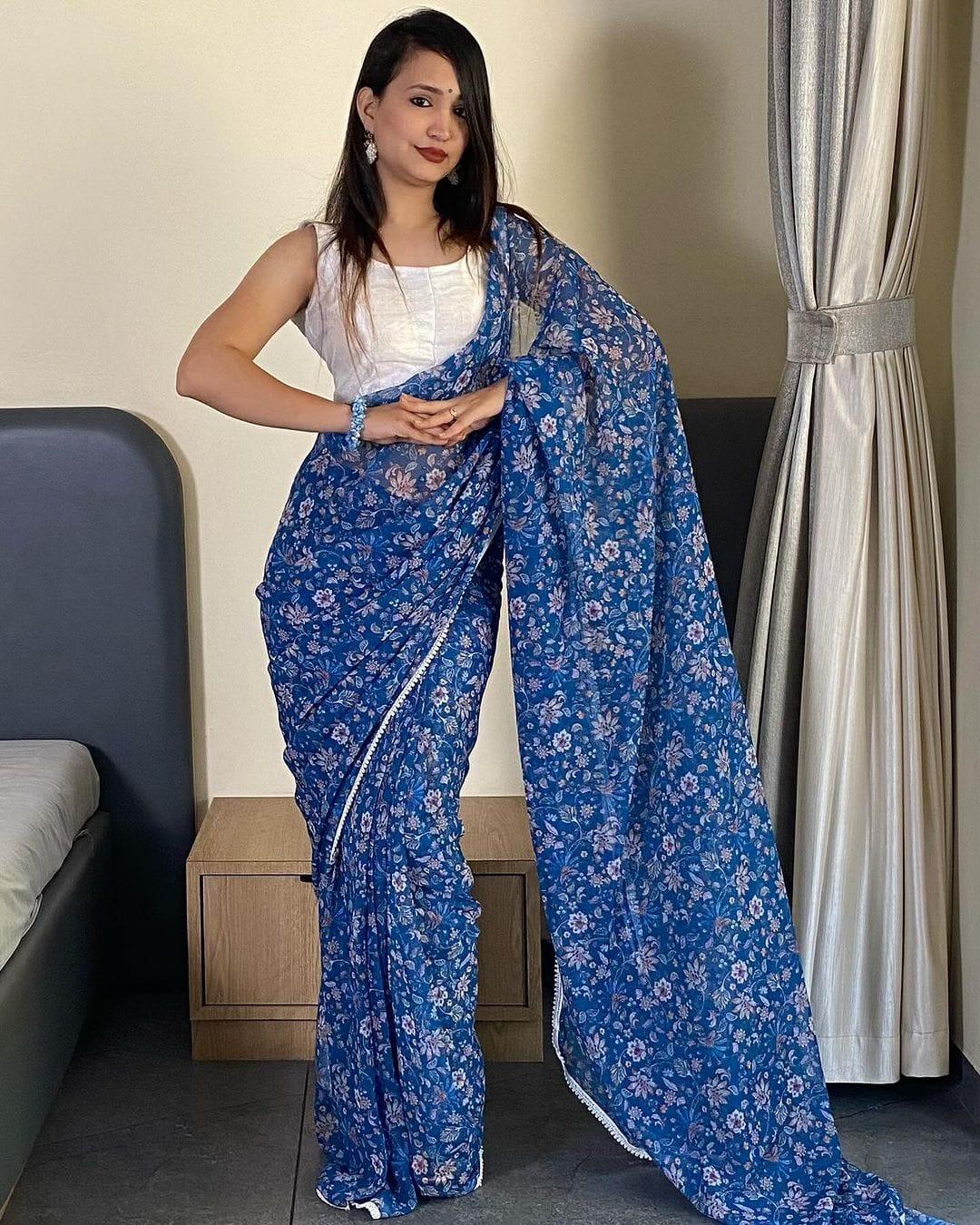 Celestia One Minute Ready To Wear Blue Georgette Saree