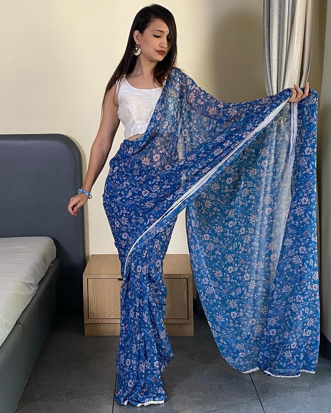 Celestia One Minute Ready To Wear Blue Georgette Saree